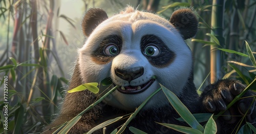 Fluffy panda munching bamboo  eyes full of innocence  detailed fur texture. 