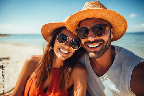 Generative AI portrait of happy cheerful people couple enjoying summer vacation on tropical beach
