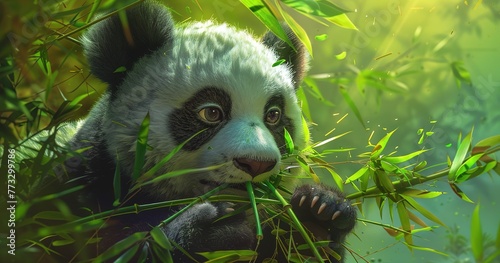 Fluffy panda munching bamboo, eyes full of innocence, detailed fur texture.  photo