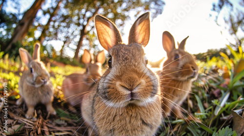 Several rabbits are seated in the green grass © Anoo