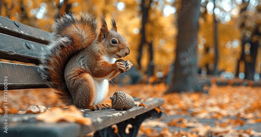 Squirrel with an acorn, on a park bench, playful and curious. Squirrel with an acorn, on a park bench, playful and curious.
