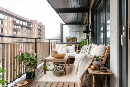 Nice balcony with designer repair and furniture photo