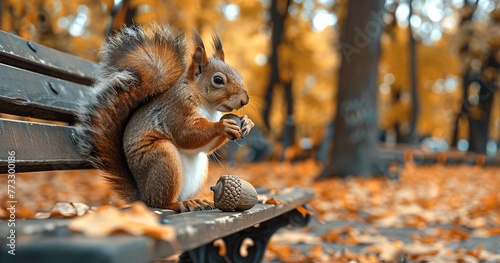 Squirrel with an acorn, on a park bench, playful and curious.  © Thanthara