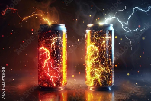 energy drink in an aluminum can. Energy drink with lightning and flashes photo