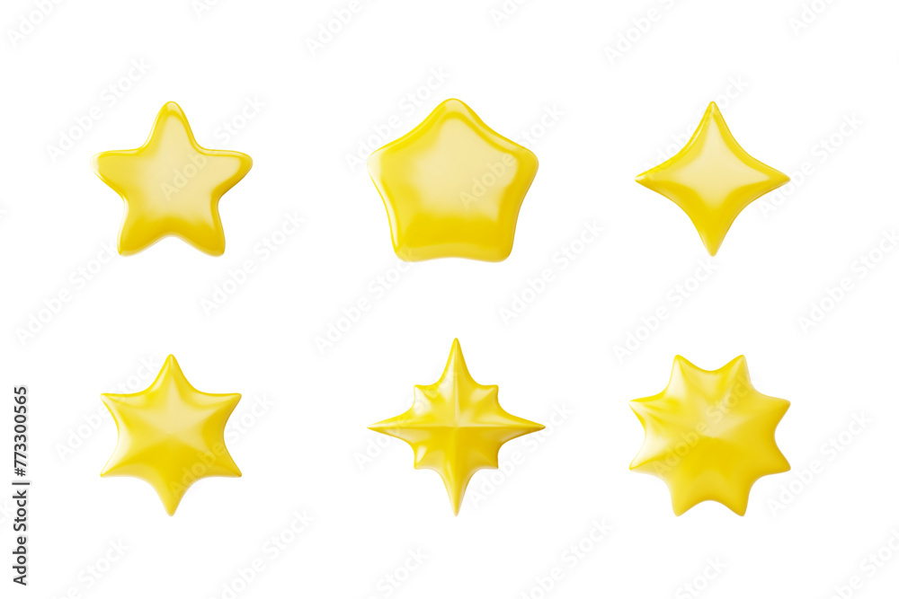 Different yellow star shapes realistic 3d vector set, glossy volume badge, golden rating star icon, ui game achievement Different yellow star shapes realistic 3d vector set, glossy volume badge, golden rating star icon, ui game achievement