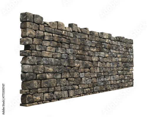 Ancient, weathered stone wall, showcasing a variety of shapes and sizes isolated on white background