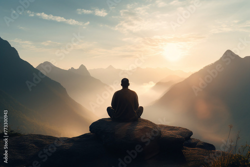 Relaxed yoga person enjoying morning meditation relaxation moment Generative AI image nature training photo