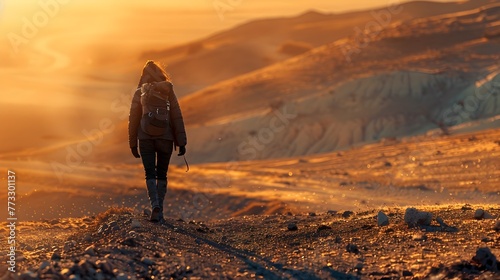 Solitary Wanderlust Trekking Towards Breathtaking Mountain Vistas During Golden Hour Sunset
