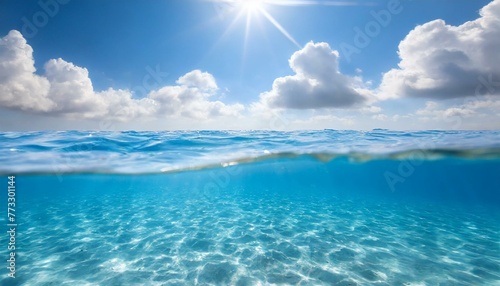  Blue sea or ocean water surface and underwater with sunny and cloudy sky  © Marko