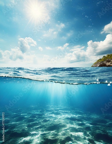  Blue sea or ocean water surface and underwater with sunny and cloudy sky 