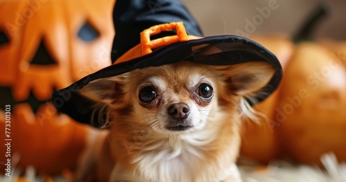 Chihuahua in a witch hat, Halloween theme, spooky and cute.