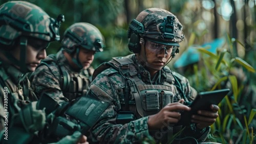 AI technology in the army. Warfare analytic operator checking coordination of the military team. Military commander with a digital tablet device with artificial intelligence operating troops outdoors.