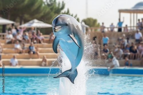 People swimming with dolphins aquapark Generative AI creation colorful summer picture selfie © Tetiana