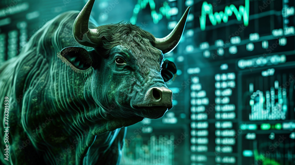A bull is positioned in front of a stock chart symbolizing bullish market trends and trading activities on the stock exchange A bull is positioned in front of a stock chart symbolizing bullish market trends and trading activities on the stock exchange