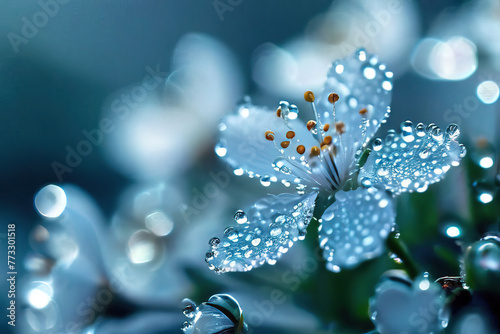 a close up of water droplets and flowers with rain drops