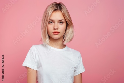 Cute young woman blonde hair with bob haircut pink background
