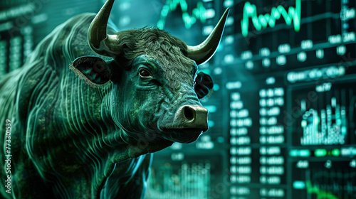 A bull is positioned in front of a stock chart symbolizing bullish market trends and trading activities on the stock exchange