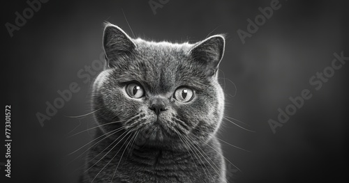 British Shorthair cat staring with deep, round eyes, expression full of wisdom, detailed fur and whiskers. 