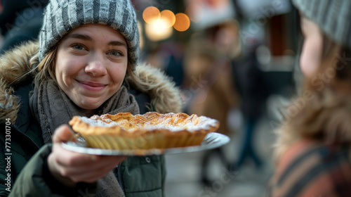 A girl is holding a plate of pie and smiling