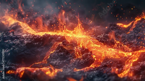 A fiery lava flow with a lot of smoke and ash
