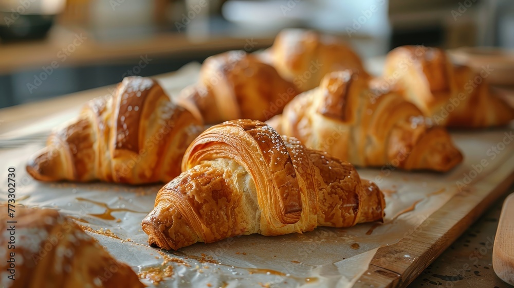 A plate of croissants with powdered sugar on top. The croissants are arranged in a row on a wooden cutting board A plate of croissants with powdered sugar on top. The croissants are arranged in a row on a wooden cutting board