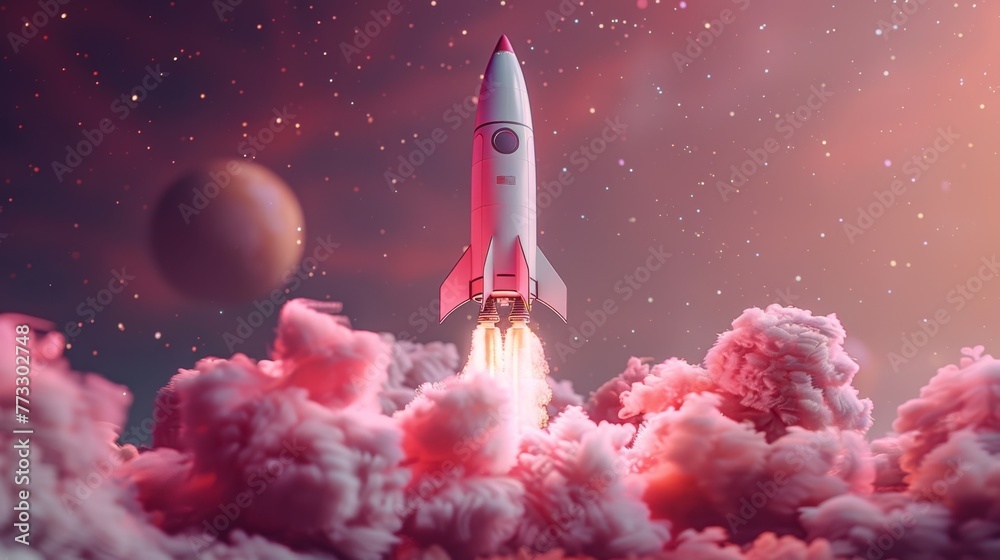 The rocket begins to take off . The concept of financial growth with a rocket taking off