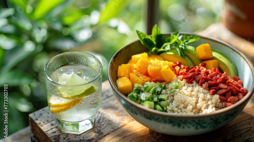 Fresh and exotic quinoa salad with ripe mango, goji berries, cucumber, and avocado, accompanied by a glass of lemon water in a lush green setting.