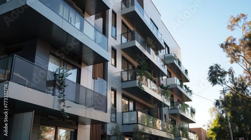 A modern apartment building with balconies overlooking a bustling street. 