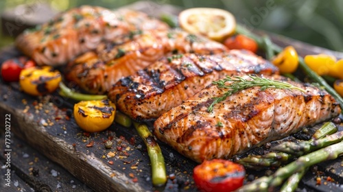 Juicy grilled salmon fillets seasoned with herbs, served with roasted asparagus and bell peppers on a rustic wooden board.