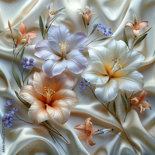 3D render of white silk fabric with a blue flowers pattern, seamless repeating texture shown from 4 different angles with different lighting, rendered in a hyper realistic style. 