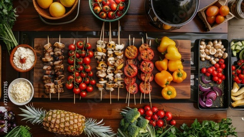 Overhead view of a meal preparation with fresh vegetables and meat skewers on a rustic wooden table, surrounded by various ingredients.