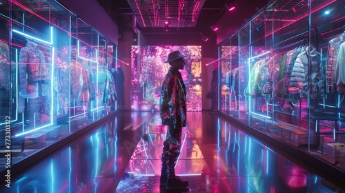 A man stands in a neon lit room with a sign that says  The Future of Fashion . The room is filled with mannequins dressed in futuristic clothing