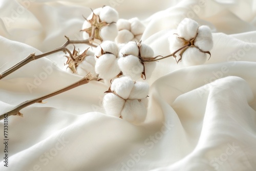 Elegant Cotton Bolls on White Fabric background © Anna