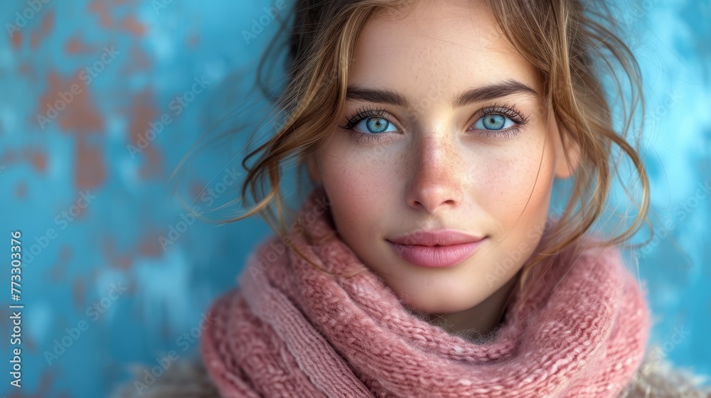 A beautiful young woman with blue eyes wears a pink scarf, one around her neck and one in front of her chest, gazing into the camera A beautiful young woman with blue eyes wears a pink scarf, one around her neck and one in front of her chest, gazing into the camera