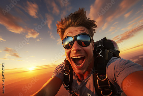 Parachutist in free fall at the sunset extreme sport lifestyle with beautiful sky cloud sunset generative AI photo