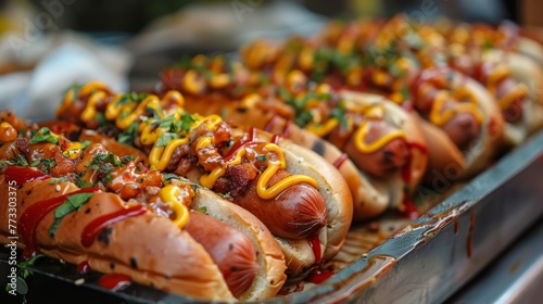 A row of hot dogs with mustard and ketchup on them. The hot dogs are on a tray and are ready to be eaten