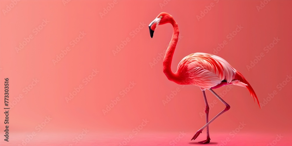 Fototapeta premium a graceful flamingo character standing on one leg in a balanced poised pose against a vibrant blush