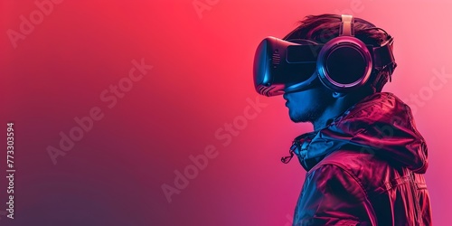 Adventurous Gamer Fully Immersed in a Captivating Virtual Reality Environment with Vibrant Neon Tones