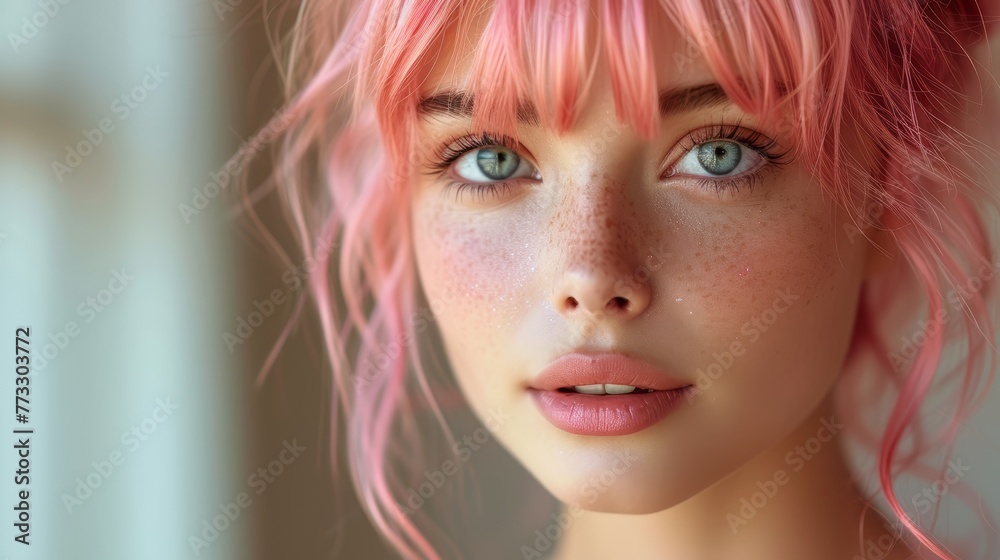 A close-up of a woman with pink hair, adorned with visible freckles A close-up of a woman with pink hair, adorned with visible freckles