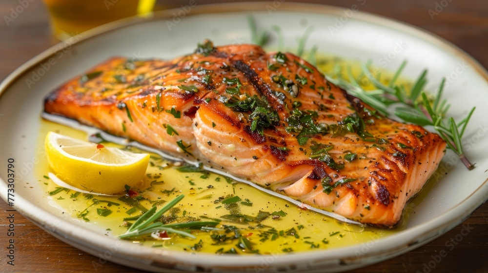 A piece of salmon with lemon and parsley on top of a plate. The salmon is cooked and looks delicious A piece of salmon with lemon and parsley on top of a plate. The salmon is cooked and looks delicious