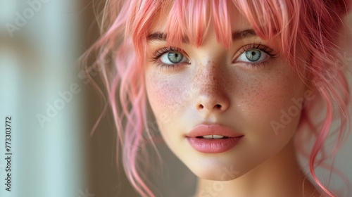   A close-up of a woman with pink hair  adorned with visible freckles