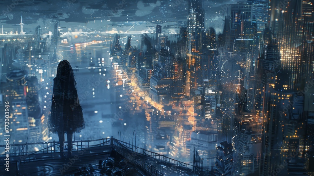 A woman stands on a rooftop looking out over a city at night. The city is lit up with bright lights and the woman is looking out over the city with a sense of awe and wonder A woman stands on a rooftop looking out over a city at night. The city is lit up with bright lights and the woman is looking out over the city with a sense of awe and wonder