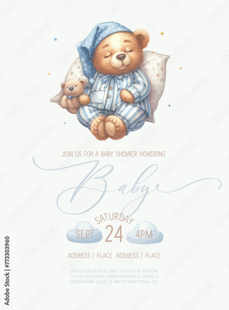 Fototapeta Cute baby shower watercolor invitation card with sleeping bear.