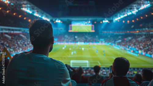a man watching a soccer game on TV just next to a man watching a soccer game in the stadium,generative ai
