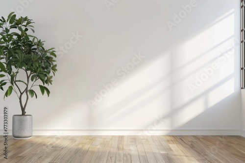 empty white wall with green plant  wooden floor  morning light  mockup frame