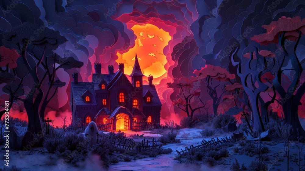 A house with a large red moon in the sky. The house is surrounded by trees and there is a cemetery nearby. Scene is eerie and mysterious