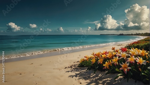 Sunny Shoreline Panoramic Beach Scene with Frangipani Flowers