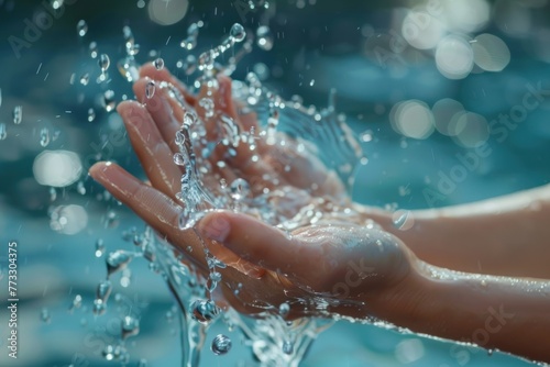 Female hands catching clean water splash. Fresh Water Splashes in Woman s Hands