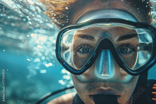 Female diver, swimming underwater close up portrait
