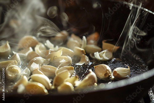 A captivating close-up of garlic cloves sizzling in a cast-iron skillet  releasing their irresistible aroma as they turn golden brown.